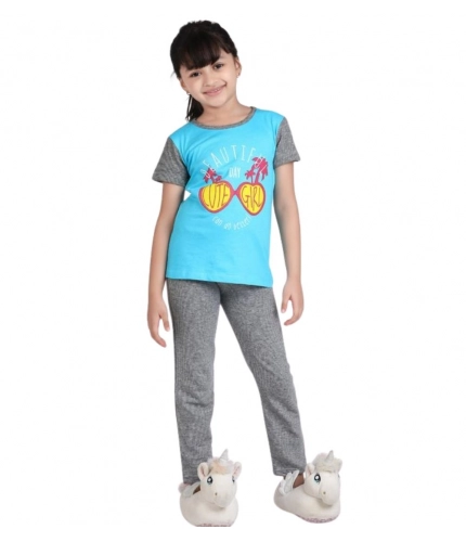 Generic Girl's Cotton Hosiery Printed Night Suit Set (Blue-Grey) Generic Girl's Cotton Hosiery Printed Night Suit Set (Blue-Grey)