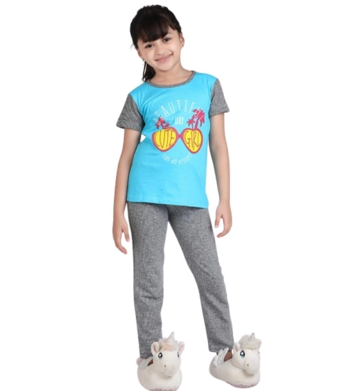 Generic Girl's Cotton Hosiery Printed Night Suit Set (Blue-Grey) Generic Girl's Cotton Hosiery Printed Night Suit Set (Blue-Grey)