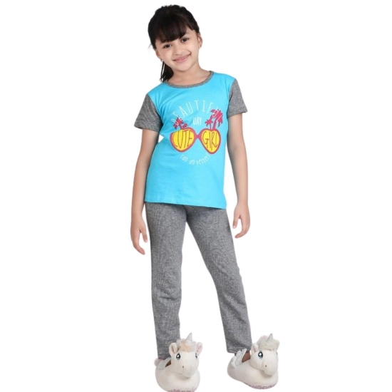 Generic Girl's Cotton Hosiery Printed Night Suit Set (Blue-Grey) Generic Girl's Cotton Hosiery Printed Night Suit Set (Blue-Grey)
