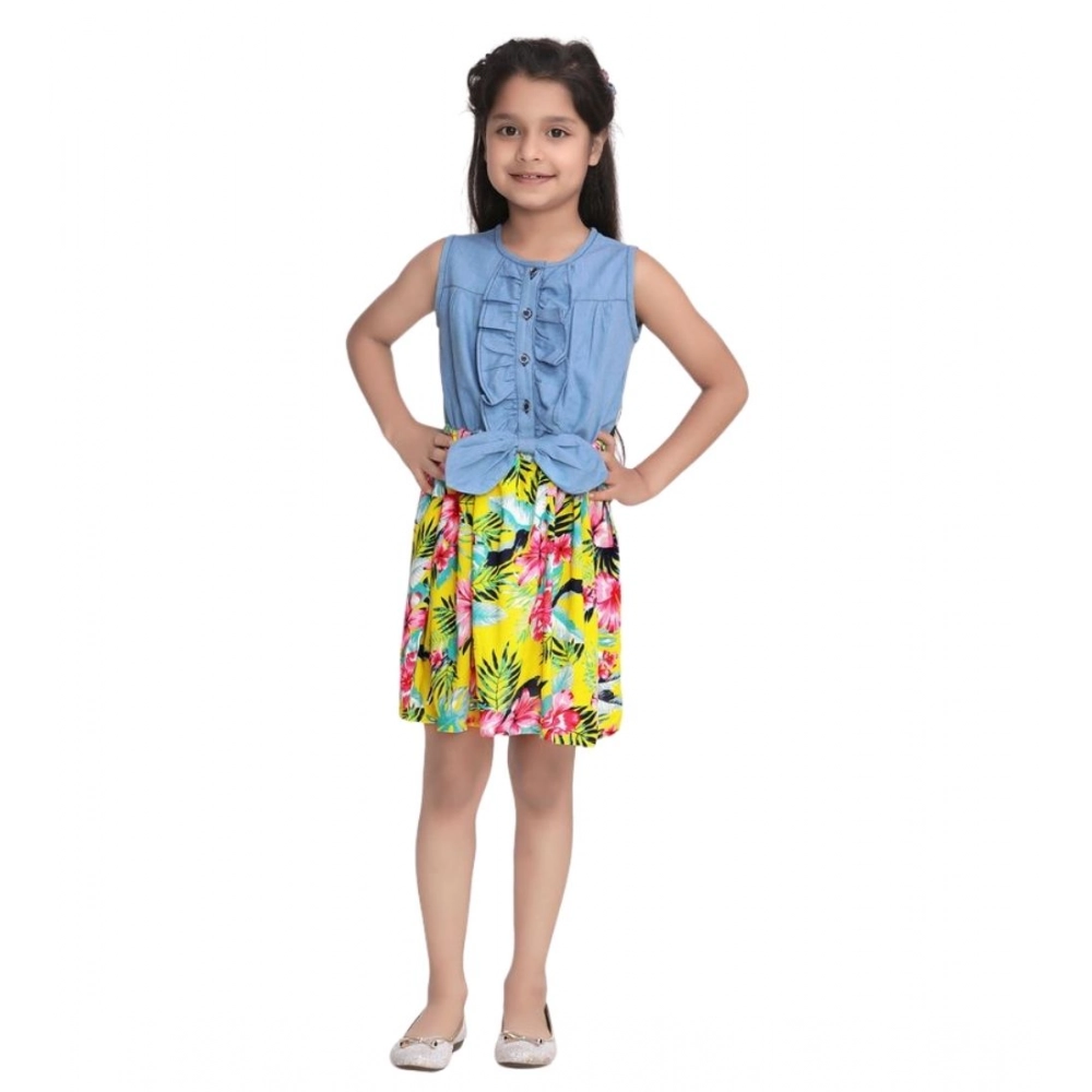 Generic Girl's Denim Floral Sleeveless Dress (Blue-Yellow) Generic Girl's Denim Floral Sleeveless Dress (Blue-Yellow)