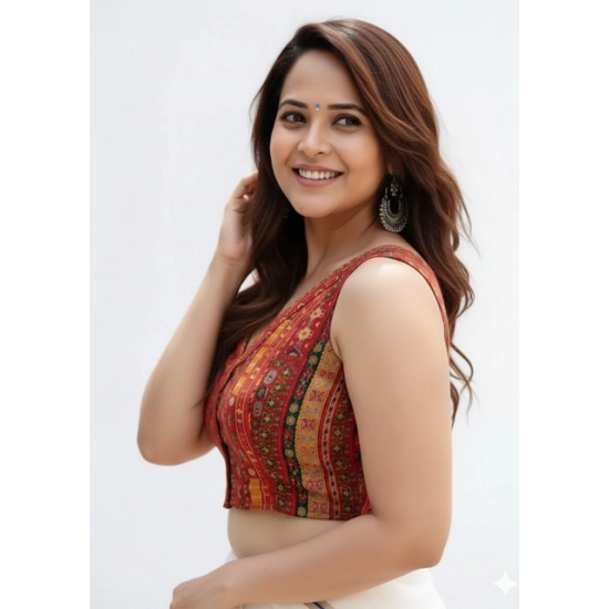 Generic Women's Cambric Cotton V Neck Padded Blouse (Red, 38 Ready Size (Self-Alterable 36–40)