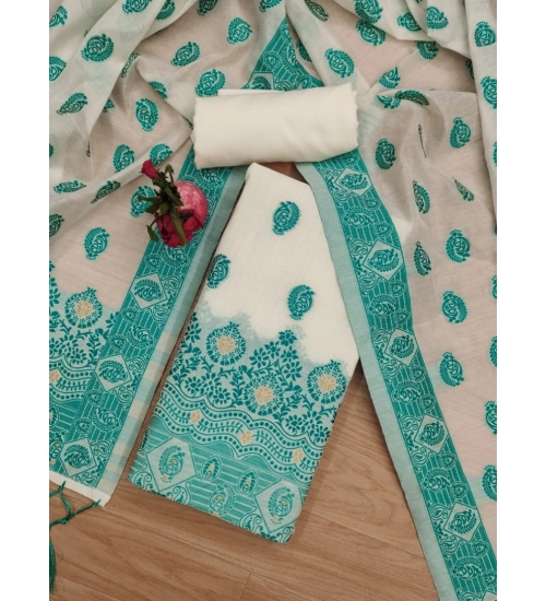Generic Women's Banarasi Silk Printed Unstitched Salwar Suit Material With Dupatta (Teal, 3Mtrs)