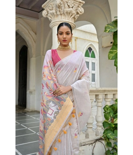 Generic Women's Blended_Cotton Floral Weaving Pattern Saree With Unstitched Blouse 5.5Mtr (Yellow)