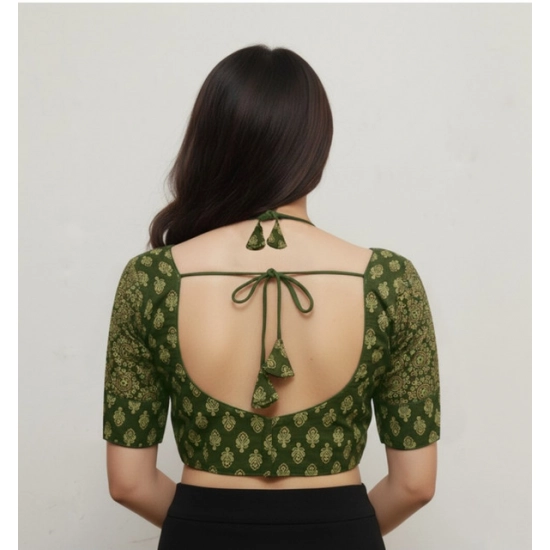 Generic Women's Ajrakh Cotton Printed Sweetheart Padded Blouse (Olive 38 Ready (Self Alterable 36–40)