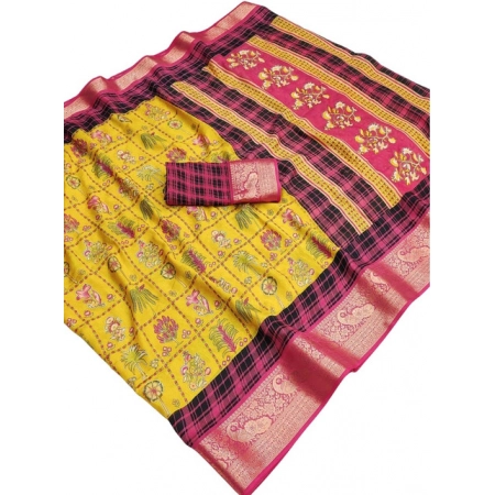 Generic Women's Dola Silk Printed Saree With Unstitched Blouse 5.5Mtr (Yellow) Generic Women's Dola Silk Printed Saree With Unstitched Blouse 5.5Mtr (Yellow)