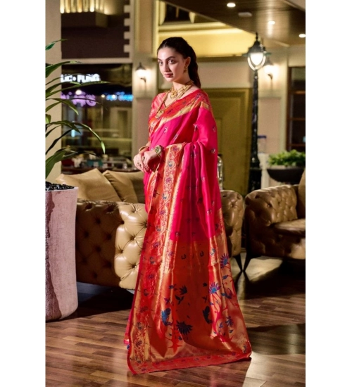 Generic Women's Silk Blend Zari Woven Saree With Unstitched Blouse 5.5Mtr (Pink)