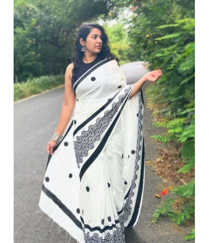 Generic Women's Linen Printed Saree With Unstitched Blouse 5.5Mtr (White)