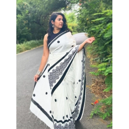 Generic Women's Linen Printed Saree With Unstitched Blouse 5.5Mtr (White)