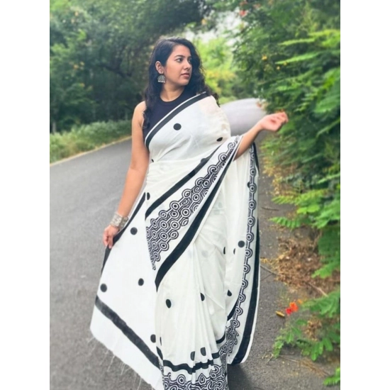 Generic Women's Linen Printed Saree With Unstitched Blouse 5.5Mtr (White)
