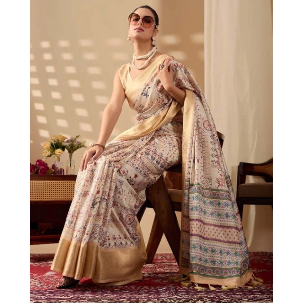 Generic Women's Faux_Silk Printed Saree With Unstitched Blouse 5.5Mtr (Beige)