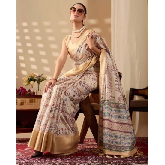 Generic Women's Faux_Silk Printed Saree With Unstitched Blouse 5.5Mtr (Beige)