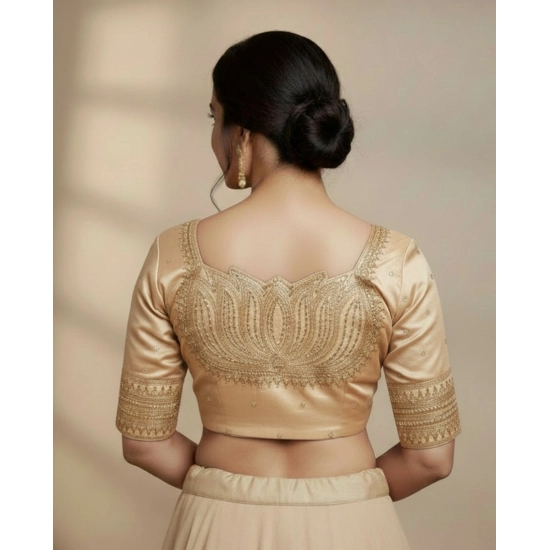 Generic Women's Vichitra Silk V Neck Padded Blouse (Beige, 38 Ready Size (Self-Alterable 36–40)