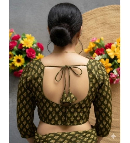 Generic Women's Ajrakh Cotton Halter Neck Padded Blouse (Olive, 38 Ready Size (Self-Alterable 36–40)