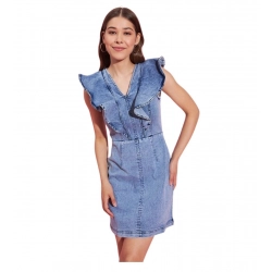 Generic Women's Denim Solid Flutter Sleeve Dress (Blue)