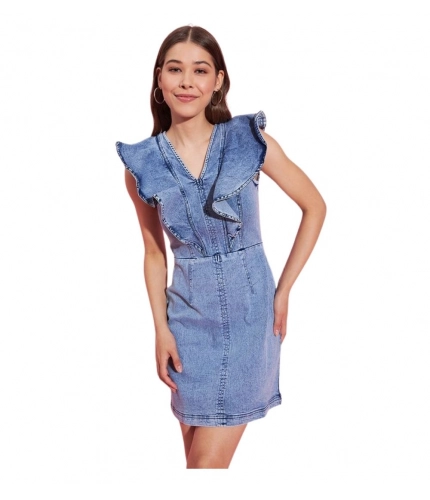 Generic Women's Denim Solid Flutter Sleeve Dress (Blue)