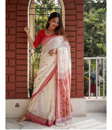 Generic Women's Soft Lilan Printed Saree With Unstitched Blouse 5.5Mtr (White)