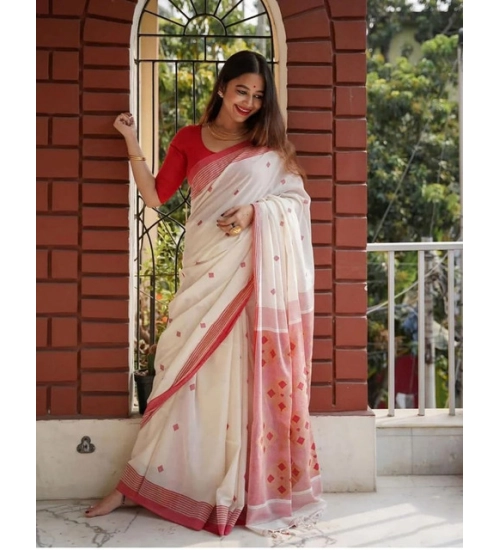 Generic Women's Soft Lilan Printed Saree With Unstitched Blouse 5.5Mtr (White)