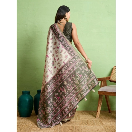 Women's Silk Blend Printed Saree With Unstitched Blouse 5.5Mtr (Off White) Women's Silk Blend Printed Saree With Unstitched Blouse 5.5Mtr (Off White)