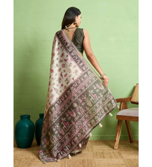 Generic Women's Silk Blend Printed Saree With Unstitched Blouse 5.5Mtr (Off White)
