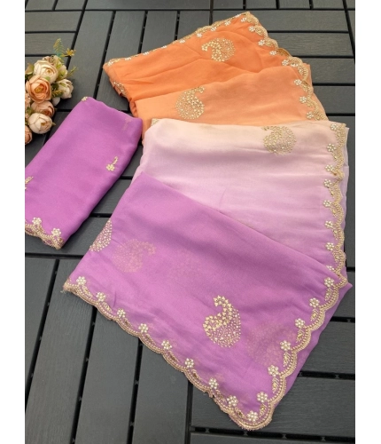 Generic Women's Digital Printed  Geogette Saree With Unstitched Blouse (Wine, 5-6 Mtrs)