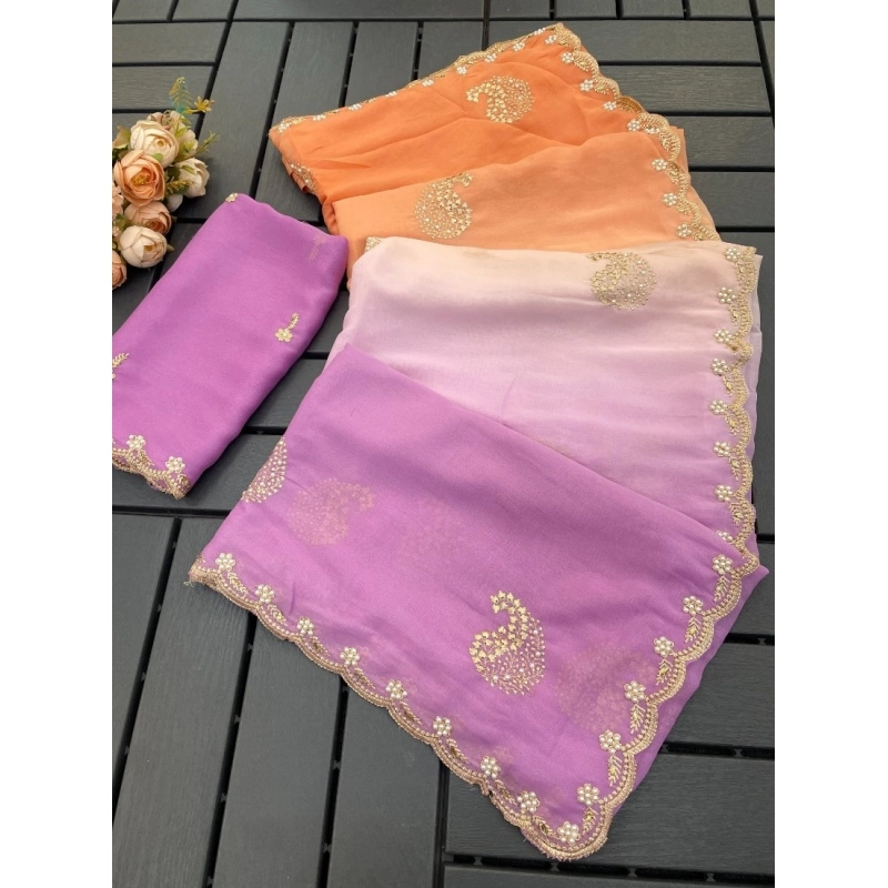 Women's Digital Printed  Geogette Saree With Unstitched Blouse (Wine, 5-6 Mtrs)