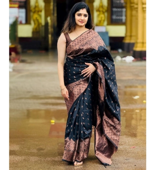 Generic Women's Soft Litchi Silk Jacquard Work Saree With Unstitched Blouse 5.5Mtr (Black) Generic Women's Soft Litchi Silk Jacquard Work Saree With Unstitched Blouse 5.5Mtr (Black)