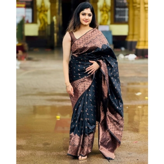 Generic Women's Soft Litchi Silk Jacquard Work Saree With Unstitched Blouse 5.5Mtr (Black) Generic Women's Soft Litchi Silk Jacquard Work Saree With Unstitched Blouse 5.5Mtr (Black)