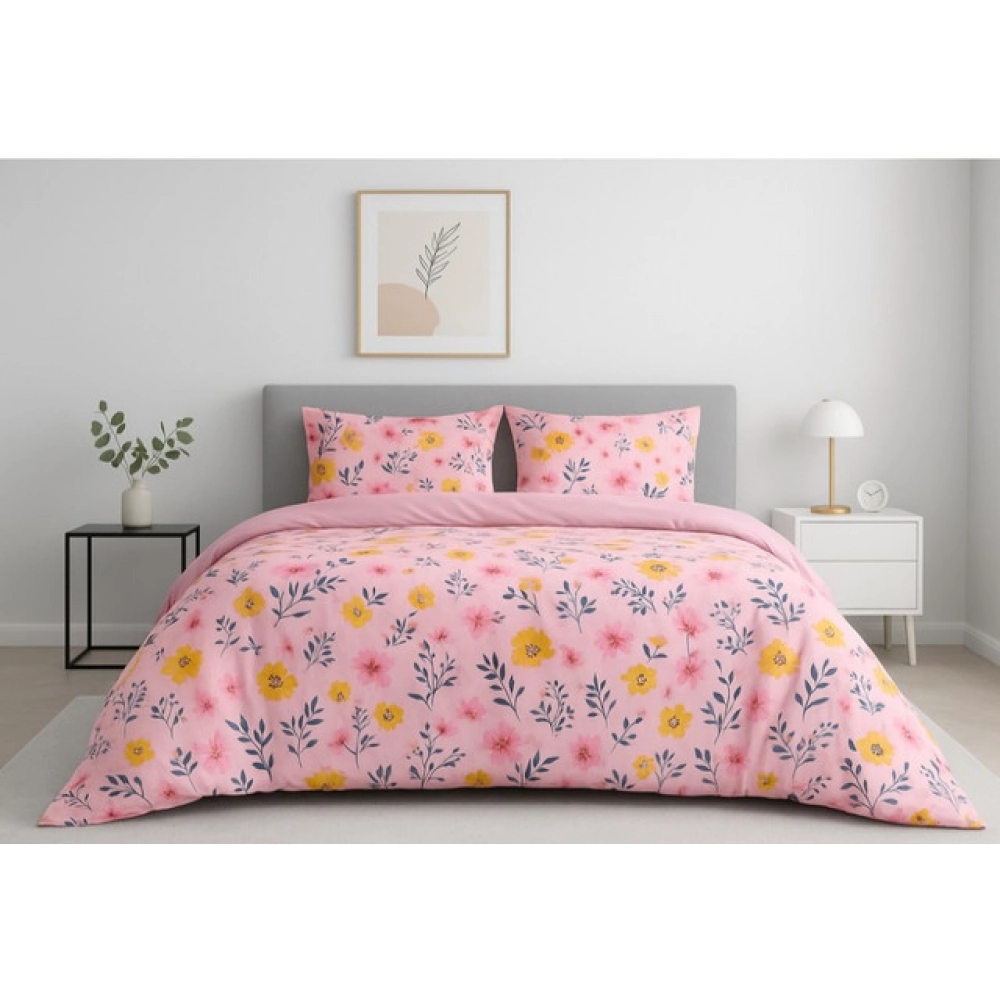 Generic Microfiber Floral Printed Double Bedsheet with 2 Pillow Covers (Pink)