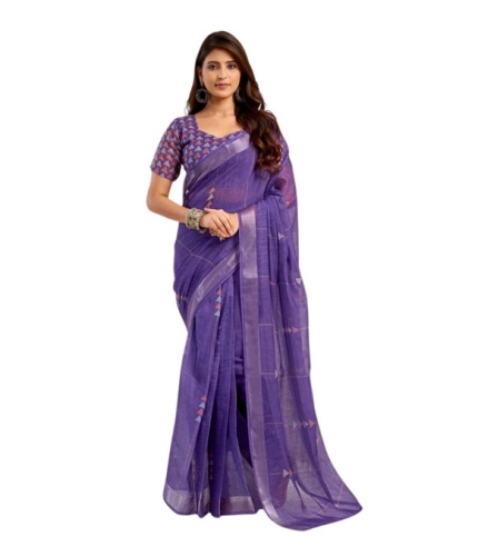 Generic Women's Faux Linen Geometric Print Ready to wear Saree With Unstitched Blouse 5.5Mtr (Purple)