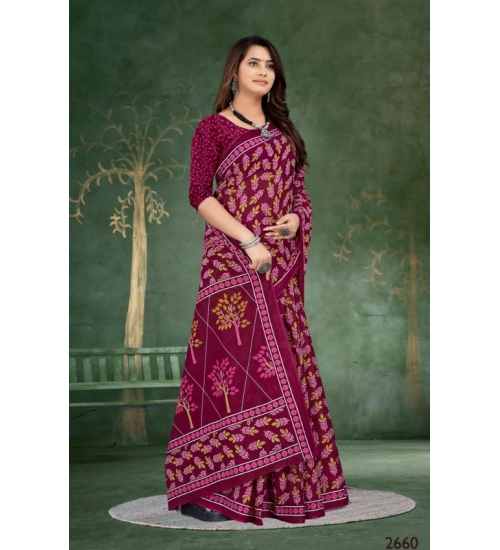 Generic Women's Soft Pure Cotton Printed Saree With Unstitched Blouse 5.5Mtr (Wine)