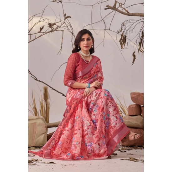Generic Women's Faux_Linen Printed Saree With Unstitched Blouse 5.5Mtr (Rose)
