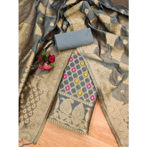 Women's Banarasi Silk Printed Unstitched Salwar Suit Material With Dupatta (Grey, 3Mtrs) Women's Banarasi Silk Printed Unstitched Salwar Suit Material With Dupatta (Grey, 3Mtrs)