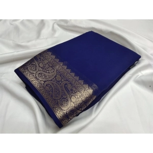 Generic Women's Crepe Chit Pallu Solid Saree With Unstitched Blouse 5.5Mtr (Blue)