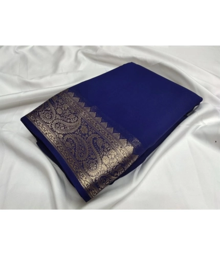 Generic Women's Crepe Chit Pallu Solid Saree With Unstitched Blouse 5.5Mtr (Blue)