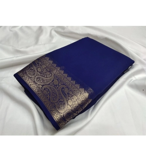 Generic Women's Crepe Chit Pallu Solid Saree With Unstitched Blouse 5.5Mtr (Blue)