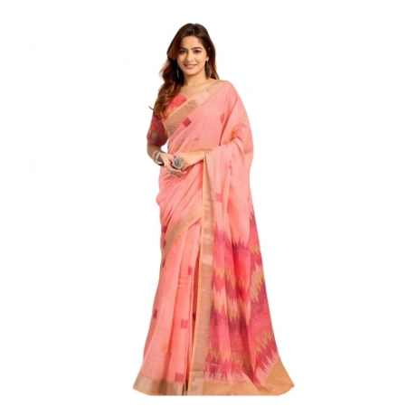 Generic Women's Linen Cotton Printed Ready To Wear With Pocket Saree With Unstitched Blouse 5.5 Mtr (Peach)