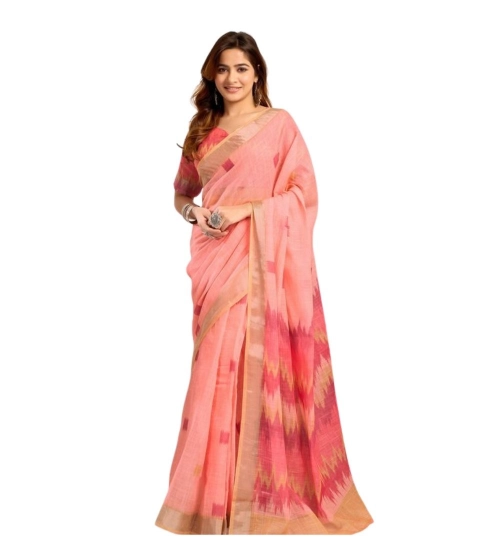 Generic Women's Linen Cotton Printed Ready To Wear With Pocket Saree With Unstitched Blouse 5.5 Mtr (Peach)