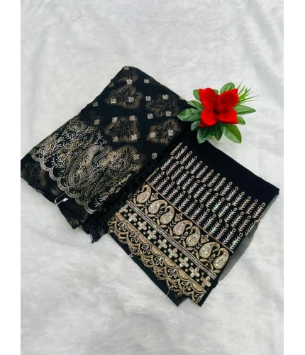 Generic Women's Embroidered Georgette Saree With Unstitched Blouse (Black, 5-6 Mtrs)