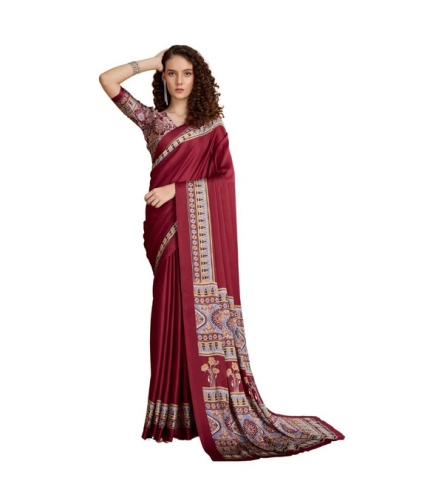 Generic Women's Satin Crepe Printed Saree With Unstitched Blouse 5.5Mtr (Maroon)