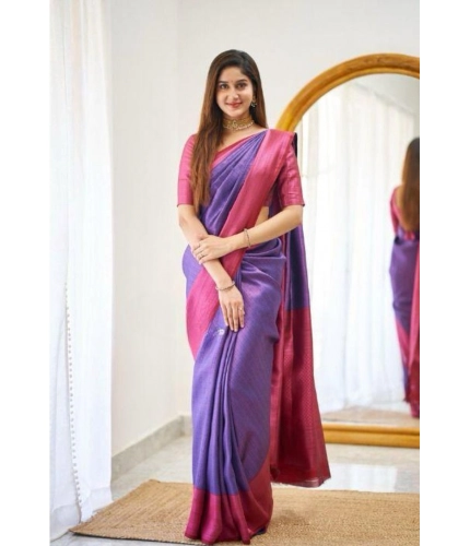 Generic Women's Soft Lichi Silk Printed Saree With Unstitched Blouse 5.5Mtr (Purple)