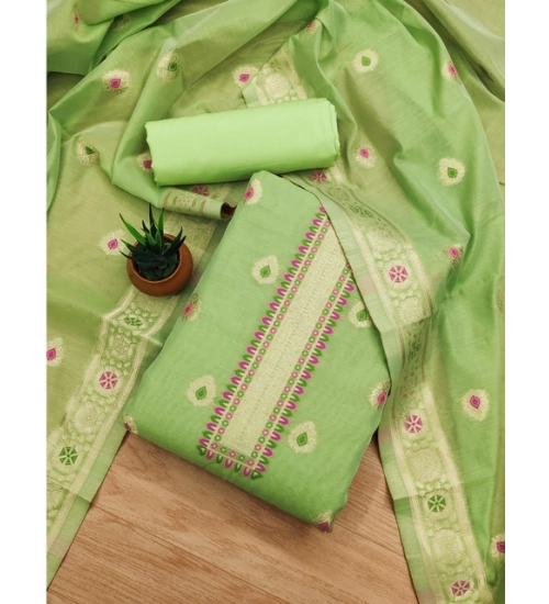 Generic Women's Banarasi Silk Printed Unstitched Salwar Suit Material With Dupatta (Pista, 3Mtrs)