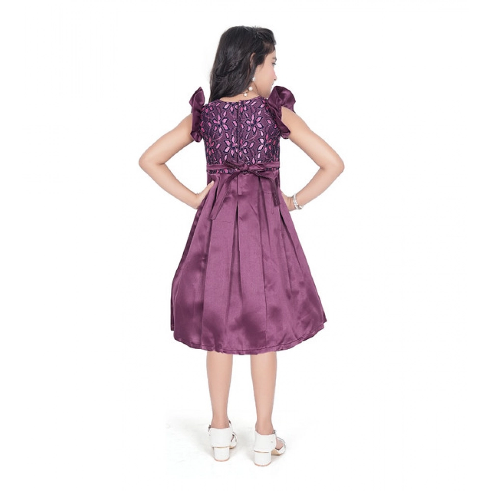 Generic Girl's Satin Printed Sleeve Less Round Neck Dress (Purple) Generic Girl's Satin Printed Sleeve Less Round Neck Dress (Purple)