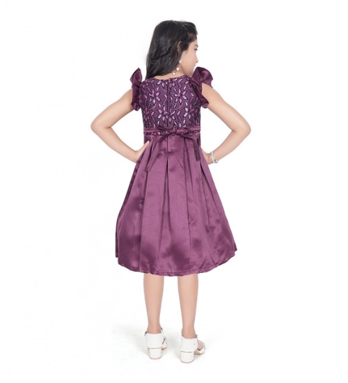 Generic Girl's Satin Printed Sleeve Less Round Neck Dress (Purple)