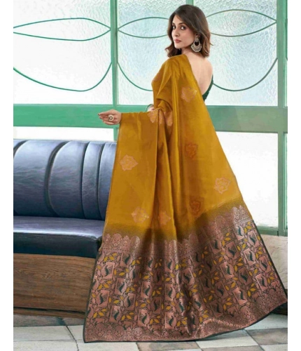 Generic Women's Soft Lichi Silk Printed Saree With Unstitched Blouse 5.5Mtr (Mustard )