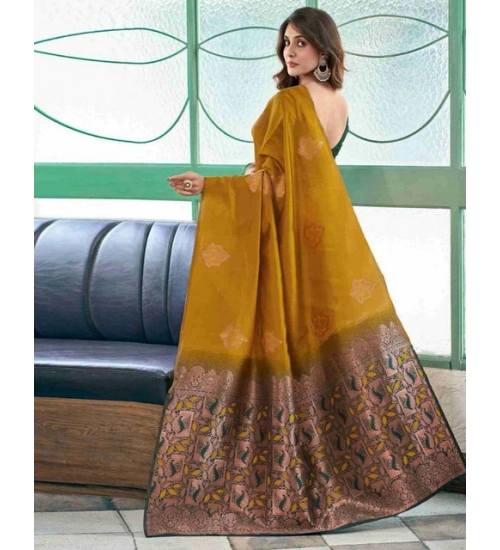 Generic Women's Soft Lichi Silk Printed Saree With Unstitched Blouse 5.5Mtr (Mustard )