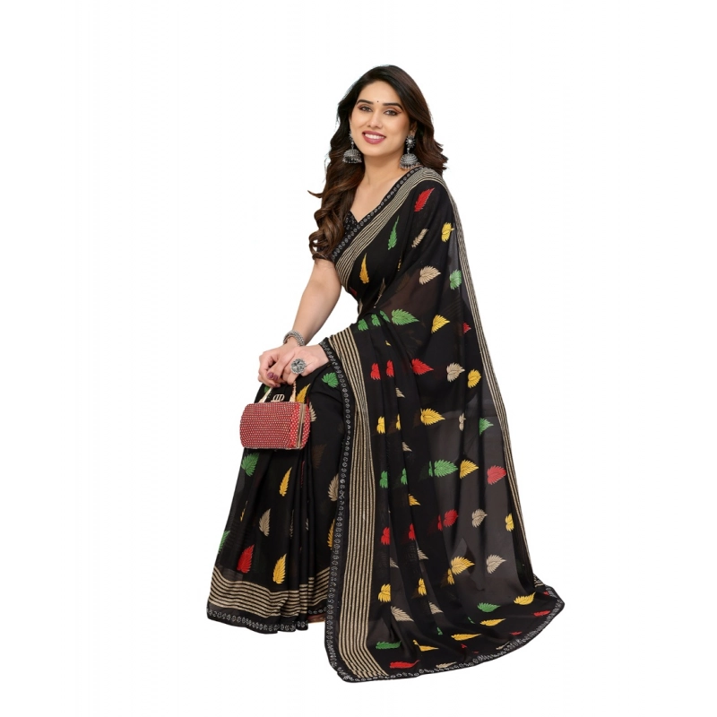 Women's Georgette Printed Saree With Unstitched Blouse 5.5Mtr (Black)