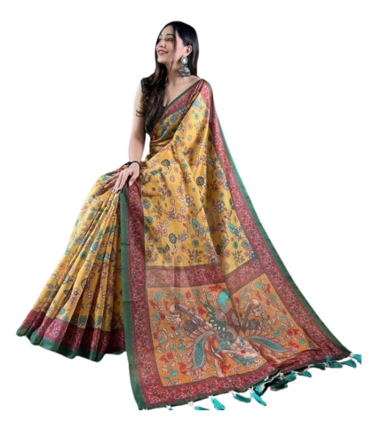 Generic Women's Linen Printed Saree With Unstitched Blouse 5.5Mtr (Yellow)