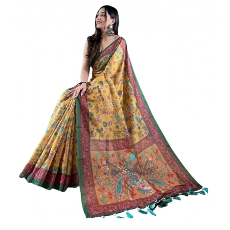 Generic Women's Linen Printed Saree With Unstitched Blouse 5.5Mtr (Yellow)