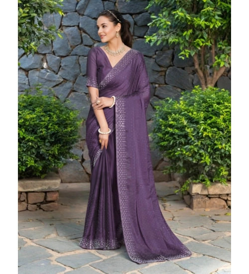 Generic Women's Rangoli Diamond Weaving - Stone Work Saree With Unstitched Blouse 5.5Mtr (Lavender)