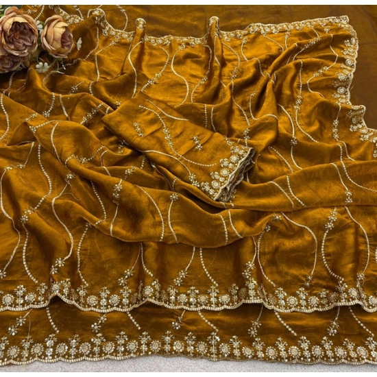 Generic Women's Slik Embellished Saree With Unstitched Blouse 5.5Mtr (Yellow)